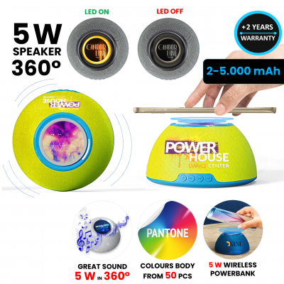 Bezdrôtový 5 W reproduktor s 15 W bezdrôtovým rýchlonabíjaním, powerbankou, LED + CMYK logo, zákaznícka farba