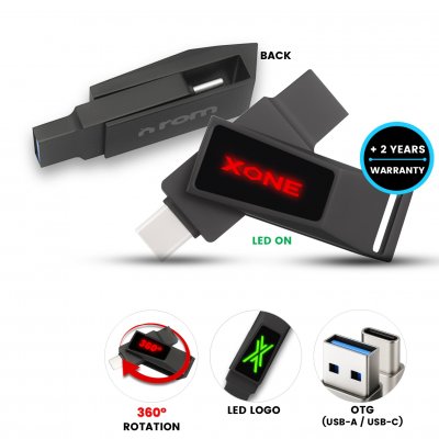Kovový otočný USB 2.0/3.0 flash disk CYBER, s USB-C, USB-A a LED logom