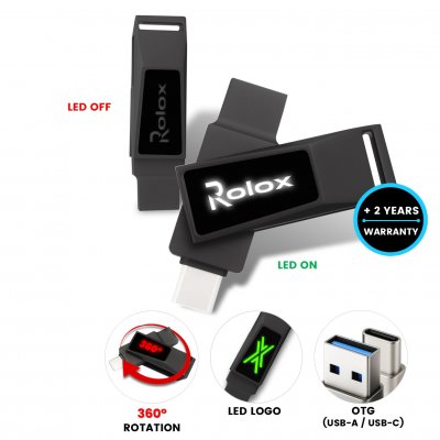 Kovový otočný USB 2.0/3.0 flash disk s USB-C, USB-A a LED logom