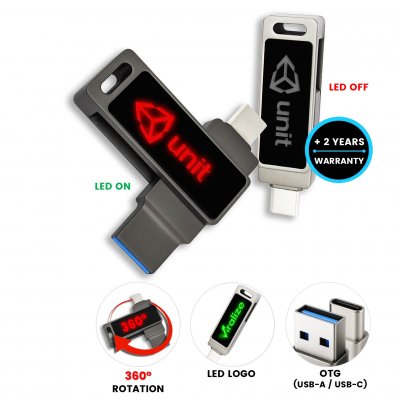 Kovový otočný USB 2.0/3.0 flash disk s USB-C, USB-A a LED logom